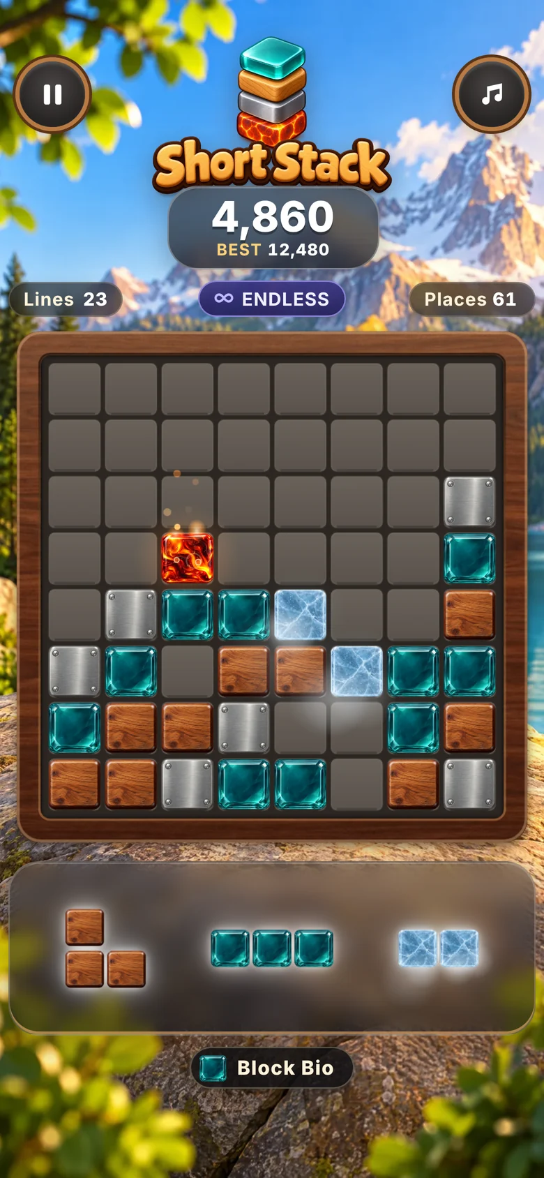 A Short Stack game in progress: an 8 by 8 walnut board with wood, glass, steel, ice and molten glass blocks