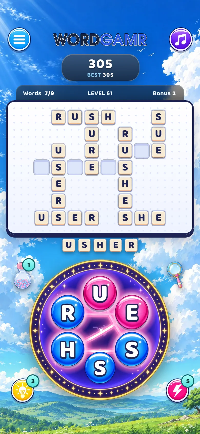 The same round in Anime: pink and blue orbs, cream tiles and a summer sky