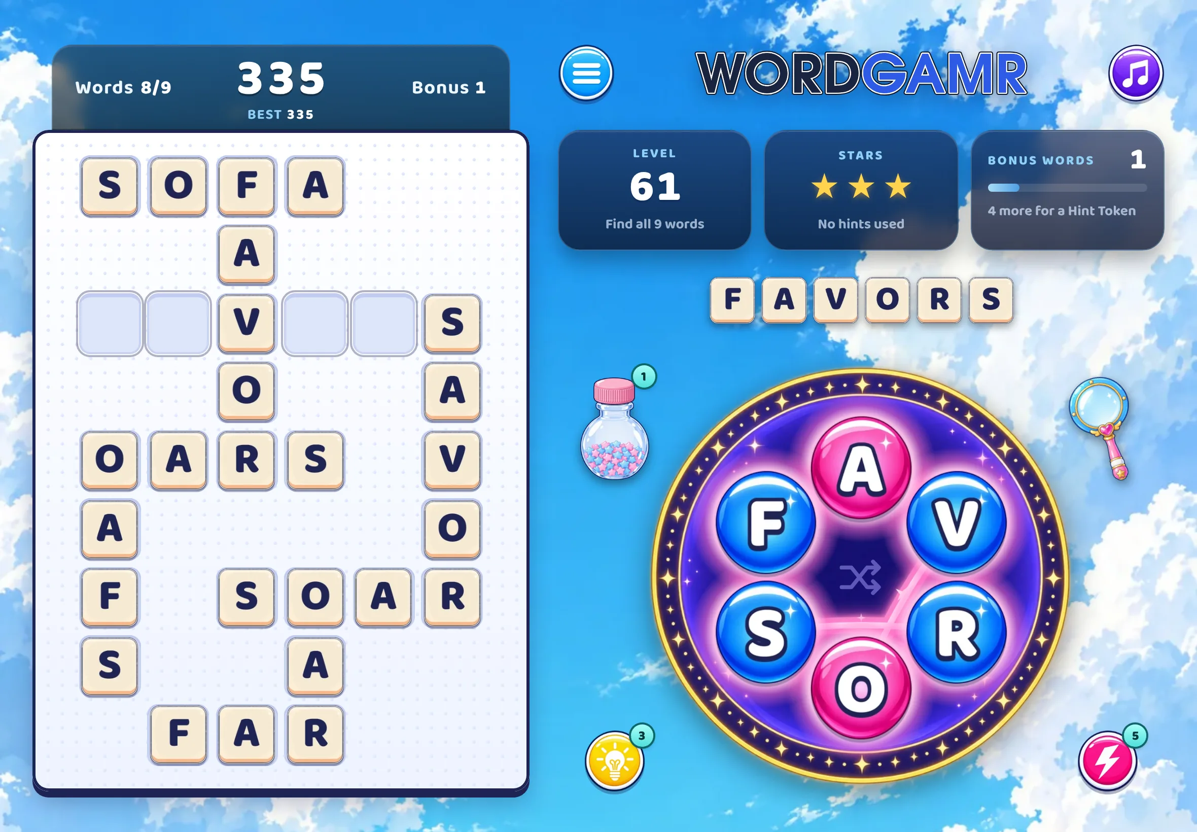 WordGamr in Anime on a tablet held sideways: the crossword on the left; the level, stars and bonus words above the letter wheel on the right